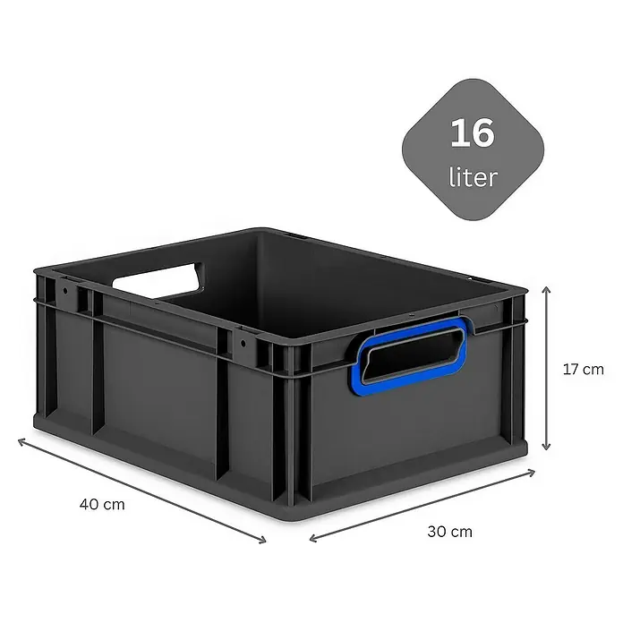 Proregal Euroboxen-Set 10x Eurobox NextGen Color mit Scharnierdeckel und Verschlüssen - L x B x H: 40 x 30 x 17 cm, Kunststoff, Schwarz, Blau, 10 Stk. - Graue 16-Liter-Kunststoffbox mit blauen Griffen, ideal für Lagerung und Transport. Abmessungen: 40 x 30 x 17 cm.