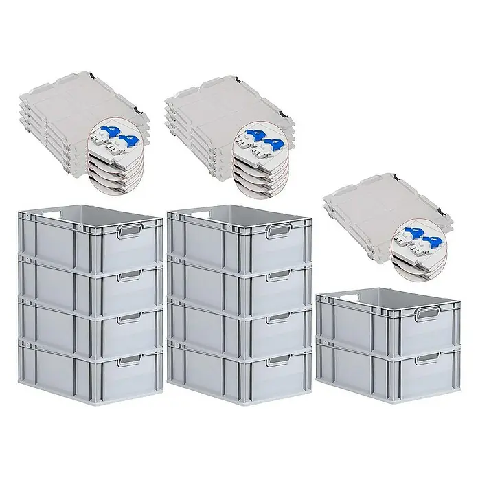 Proregal Euroboxen-Set 10x Eurobox NextGen Economy mit Scharnierdeckel und blauen Verschlüssen - L x B x H: 60 x 40 x 22 cm, Kunststoff, Grau, 10 Stk. - Bild von mehreren Stapelboxen und Deckeln in Grau, ideal für Lagerung und Organisation.