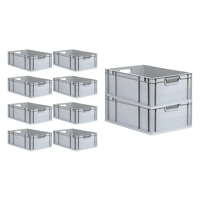 Proregal Euroboxen-Set 10x Eurobox NextGen Economy mit Scharnierdeckel und blauen Verschlüssen - L x B x H: 60 x 40 x 22 cm, Kunststoff, Grau, 10 Stk. - Mehrere graue Kunststoffboxen, einige gestapelt, ideal für Lagerung und Organisation.