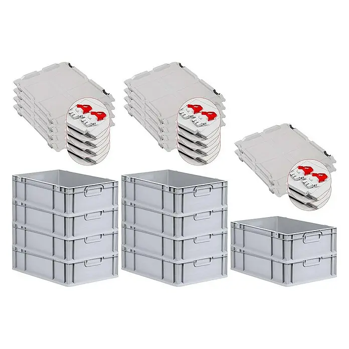 Proregal Euroboxen-Set 10x Eurobox NextGen Economy mit Scharnierdeckel und roten Verschlüssen - L x B x H: 60 x 40 x 17 cm, Kunststoff, Grau, 10 Stk. - Stapelbare Eurobehälter und Deckel in Grau, ideal für Lagerung und Transport. Die Behälter sind robust und vielseitig einsetzbar.