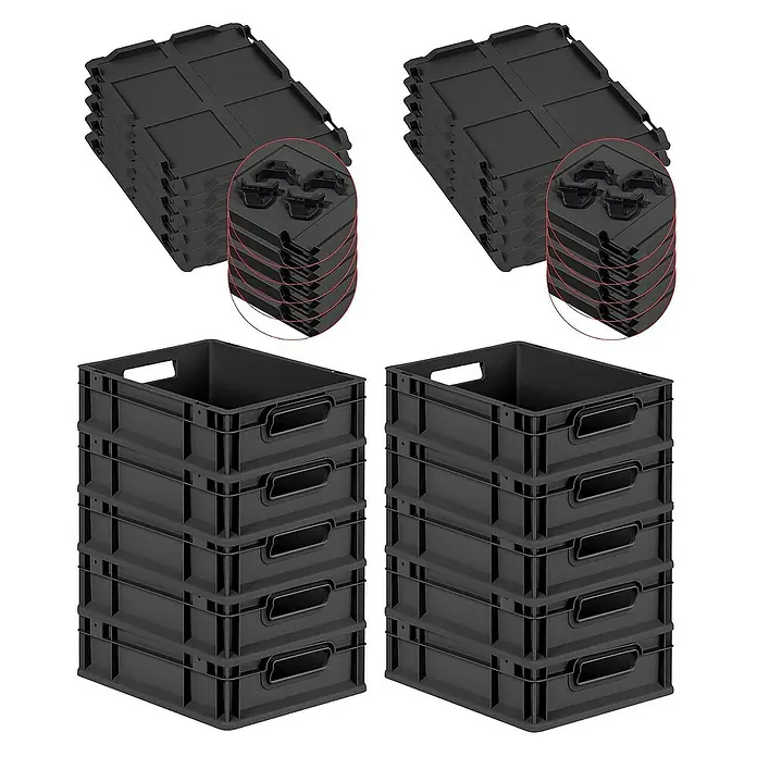 SparSet 10x Eurobox NextGen Grip mit Auflagedeckel inkl. 4 schwarzen Schiebeschnappverschlüssen | HxBxT 12x30x40cm | 11 Liter | Schwarz | Griffe offen | Eurobehälter, Transportbox, Transportbehälter, Stapelbehälter -  - Schwarze Kunststoffkisten und Deckel gestapelt, ideal für Lagerung und Organisation.