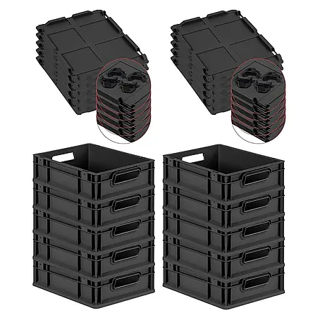 SparSet 10x Eurobox NextGen Grip mit Auflagedeckel inkl. 4 schwarzen Schiebeschnappverschlüssen | HxBxT 12x30x40cm | 11 Liter | Schwarz | Griffe offen | Eurobehälter, Transportbox, Transportbehälter, Stapelbehälter
