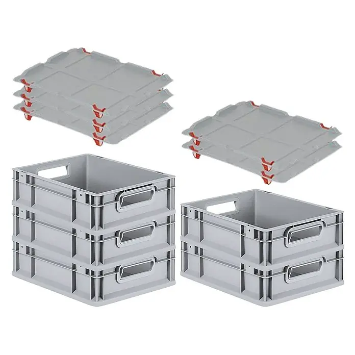 Proregal Euroboxen-Set 5x Eurobox NextGen Economy mit Auflagedeckel und 4x Verschlüsse Rot - L x B x H: 40 x 30 x 12 cm, Kunststoff, Grau, 5 Stk. - Graue Kunststoffboxen und dazugehörige Deckel, gestapelt. Ideal für Lagerung und Organisation.