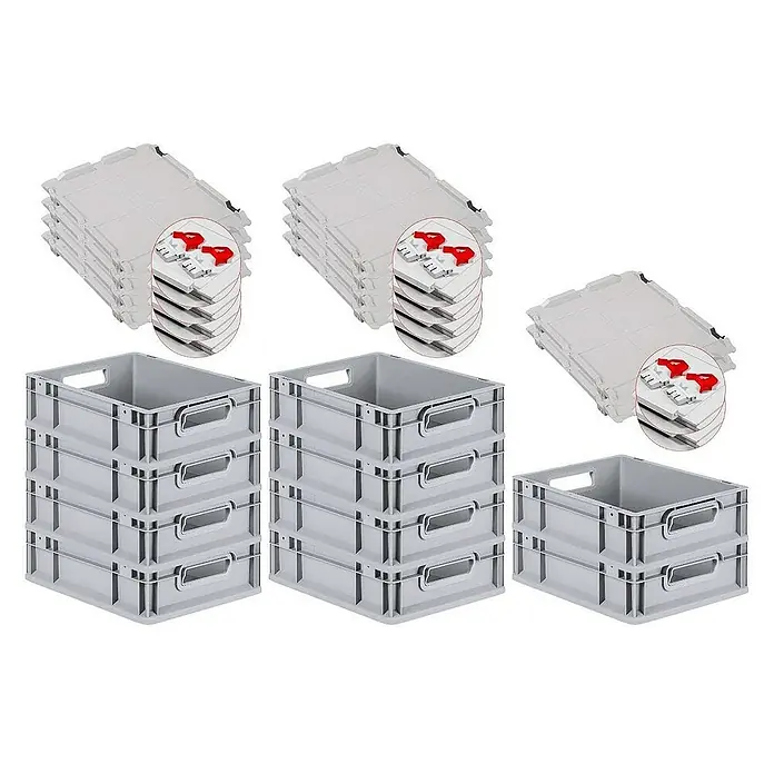 SuperSparSet 10x Eurobox NextGen Grip mit Scharnierdeckel und roten Schiebeschnappverschlüssen | HxBxT 12x30x40cm | 11 Liter | Grau | Griffe offen | Glatter Boden | Eurobehälter, Transportbox, Transportbehälter, Stapelbehälter -  - Bild zeigt graue Stapelboxen und dazugehörige Deckel. Die Boxen sind aus Kunststoff und haben praktische Tragegriffe.