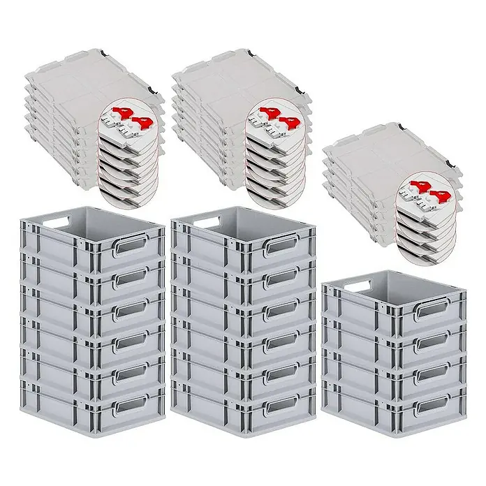 Proregal Euroboxen-Set 16x Eurobox NextGen Economy mit Scharnierdeckel und roten Verschlüssen - L x B x H: 40 x 30 x 12 cm, Kunststoff, Grau, 16 Stk. - Graue Kunststoffboxen und Deckel, stapelbar, für Lagerung und Transport, robust und vielseitig.