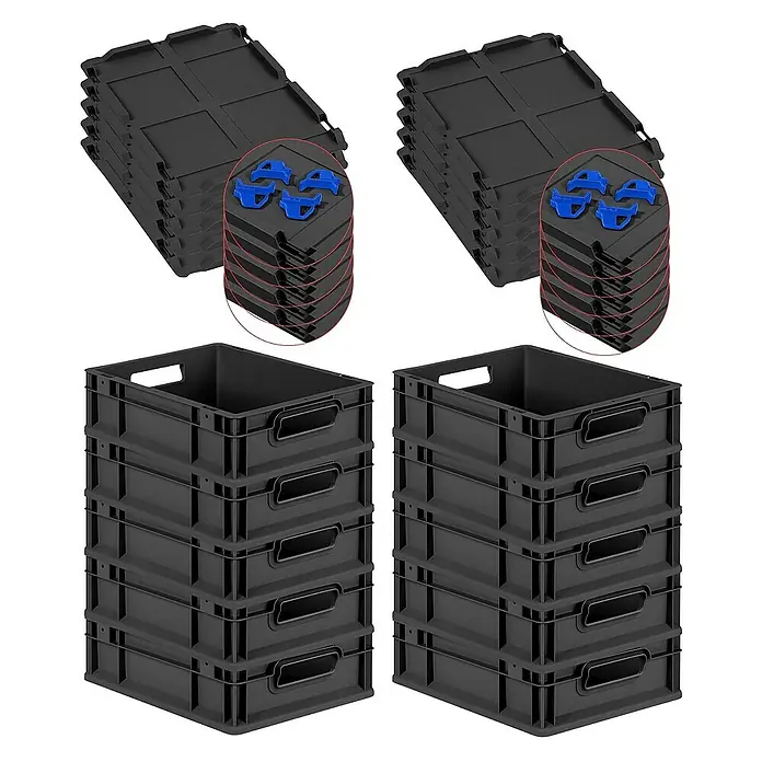 Proregal Euroboxen-Set 10x Eurobox NextGen Grip mit Auflagedeckel inkl. 4 blauen Verschlüssen - L x B x H: 40 x 30 x 12 cm, Kunststoff, Schwarz, 10 Stk. - Ein Stapel schwarzer Eurobehälter und Deckel mit blauen Befestigungsclips, ideal für Lagerung und Organisation.