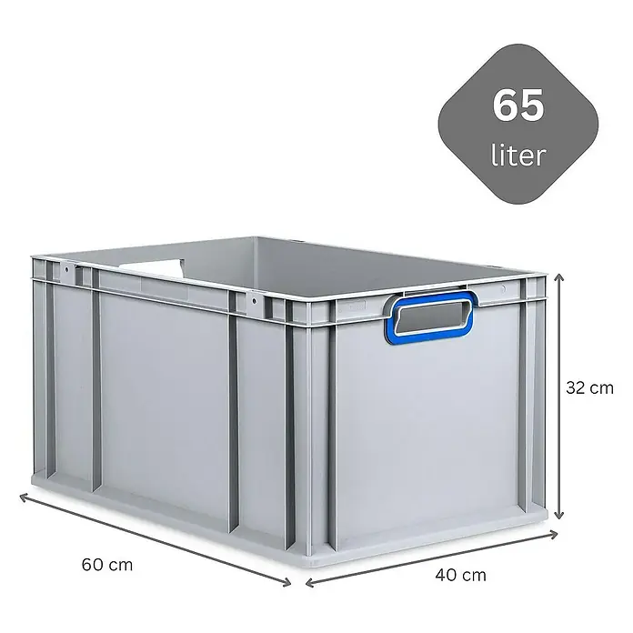 Proregal Euroboxen-Set 3x Eurobox NextGen Color mit Auflagedeckel und Schiebeschnappverschlüsse - Kunststoff, Grau, Blau, 3 Stk. - Graue 65-Liter-Aufbewahrungsbox mit Griffen und Maßangaben.