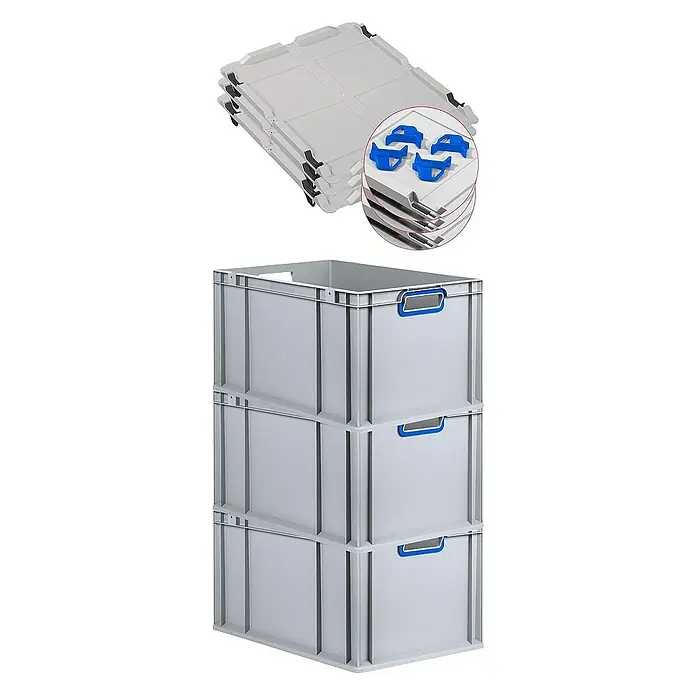 Proregal Euroboxen-Set 3x Eurobox NextGen Color mit Auflagedeckel und Schiebeschnappverschlüsse - Kunststoff, Grau, Blau, 3 Stk. - Stapelbare Kunststoffbehälter mit blauen Griffen, ideal für Lagerung und Transport. Robuste Bauweise für vielfältige Anwendungen.