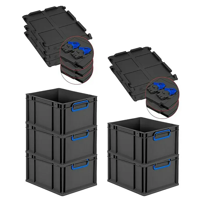 Proregal Euroboxen-Set 5x Eurobox NextGen Color mit Scharnierdeckel und Verschlüssen - L x B x H: 40 x 30 x 22 cm, Kunststoff, Schwarz, Blau, 5 Stk. - Bild von schwarzen Lagerboxen mit blauen Griffen, gestapelt und mit passenden Deckeln.