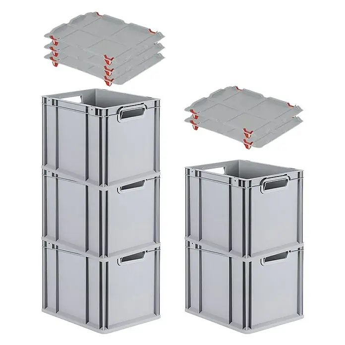 Proregal Euroboxen-Set 5x Eurobox NextGen Grip mit Auflagedeckel inkl. 4 roten Verschlüssen - Kunststoff, Grau, 5 Stk. - Abbildung von grauen Kunststoffboxen in zwei verschiedenen Stapeln und grauen Abdeckungen mit roten Befestigungen oben.
