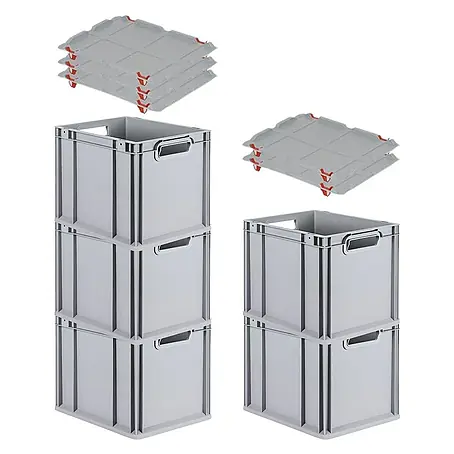 Proregal  Euroboxen-Set 5x Eurobox NextGen Grip mit Auflagedeckel inkl. 4 roten Verschlüssen