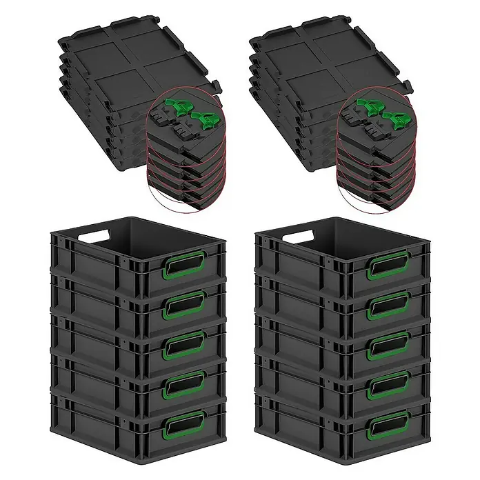 Proregal Euroboxen-Set 10x Eurobox NextGen Color mit Scharnierdeckel und Verschlüssen - L x B x H: 40 x 30 x 12 cm, Kunststoff, Schwarz, Grün, 10 Stk. - Das Bild zeigt zwei Stapel schwarzer Eurobehälter und zwei Stapel schwarzer Trennwände mit grünen Clips.