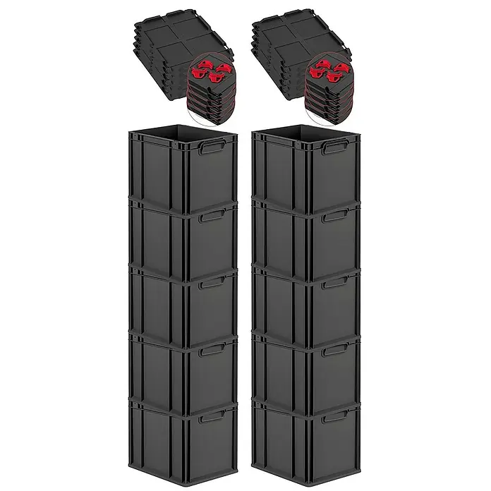 Proregal Euroboxen-Set 10x Eurobox NextGen Grip mit Auflagedeckel inkl. 4 roten Verschlüssen - L x B x H: 40 x 30 x 32 cm, Kunststoff, Schwarz, 10 Stk. - Abbildung von zwei Stapeln schwarzen Lagerboxen mit Deckeln, die Stauraum und Organisation bieten.