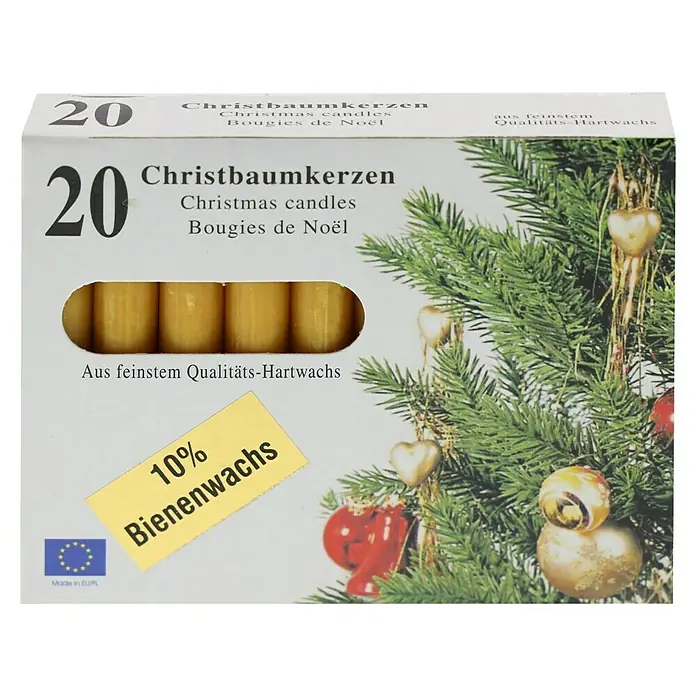 Christbaumkerze - Goldgelb, 20 Stk. - Verpackung von 20 Christbaumkerzen aus feinstem Qualitätshartwachs mit 10% Bienenwachs, ideal für die Weihnachtszeit.
