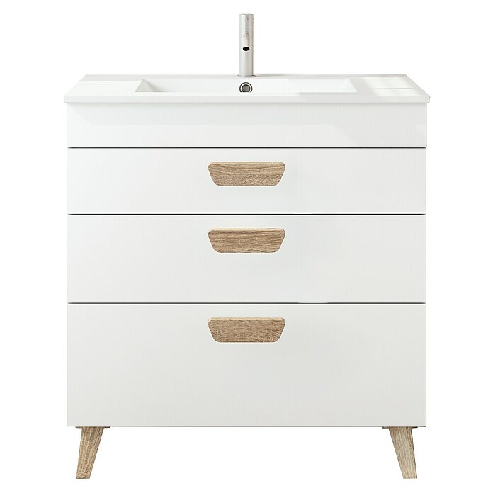 Conjunto de mueble de baño Danubio con lavabo Spectra (Ancho: 80 cm, Blanco/Roble, 3 pzs.) | BAUHAUS