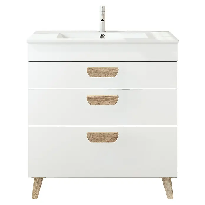 Conjunto de mueble de baño Danubio con lavabo Titán - Blanco/Roble, 3 pzs. - Elegante lavabo con mueble bajo lavabo en blanco y aspecto de madera. El mueble ofrece un espacio de almacenamiento práctico gracias a los cajones.