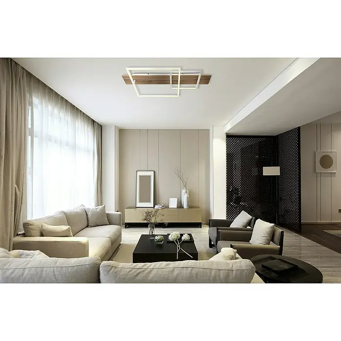Globo LED-Deckenleuchte Vanni - 24 W, L x B x H: 750 x 400 x 100 mm, Weiß/Braun, Warmweiß - Modernes Wohnzimmer mit einer stilvollen Deckenleuchte, die aus einem Holzbrett und weißen Quadraten besteht. Die Lampe ergänzt das elegante Interieur perfekt.