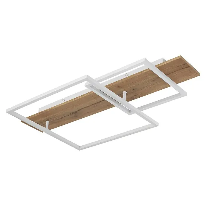 Globo LED-Deckenleuchte Vanni - 24 W, L x B x H: 750 x 400 x 100 mm, Weiß/Braun, Warmweiß - Ein modernes Wandregal mit zwei Holzböden und einem weißen Metallrahmen für stilvolle Wanddekoration und praktische Aufbewahrung.