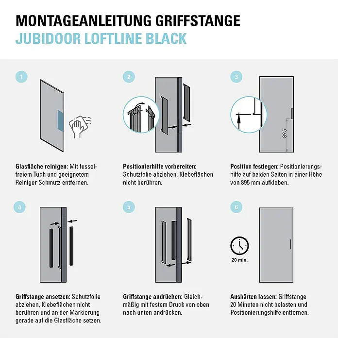 Diamond Doors Black Edition Schiebetür-Komplettset Jubidoor Loftline Black - 935 x 2.058 mm, Einscheibensicherheitsglas (ESG) - Montageanleitung für die JUBIDOOR LOFTLINE BLACK Griffstange. Die Anleitung zeigt die einzelnen Schritte der Montage.