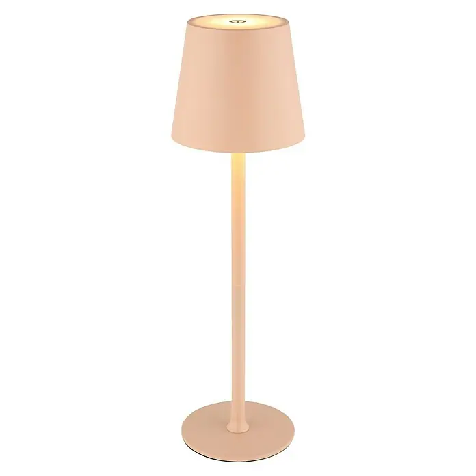 Globo LED-Tischleuchte Vannie - 3 W, Pfirsichfarben, Höhe: 360 mm, Durchmesser: 106 mm, IP44 - Nahaufnahme einer stilvollen, beigen Stehlampe, die ein warmes, einladendes Licht ausstrahlt, perfekt für eine gemütliche Atmosphäre.