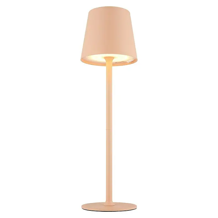 Globo LED-Tischleuchte Vannie - 3 W, Pfirsichfarben, Höhe: 360 mm, Durchmesser: 106 mm, IP44 - Nahaufnahme einer modernen, beigefarbenen Tischleuchte. Das Licht strahlt warm und einladend, ideal für gemütliche Abende.