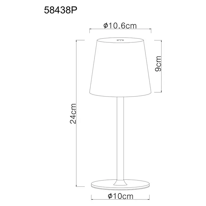 Globo LED-Tischleuchte Vannie - 3 W, Pfirsichfarben, Höhe: 360 mm, Durchmesser: 106 mm, IP44 - Produktabbildung einer Tischleuchte mit den Maßen 24 cm Höhe, 10.6 cm Lampenschirmdurchmesser und 10 cm Basisdurchmesser.