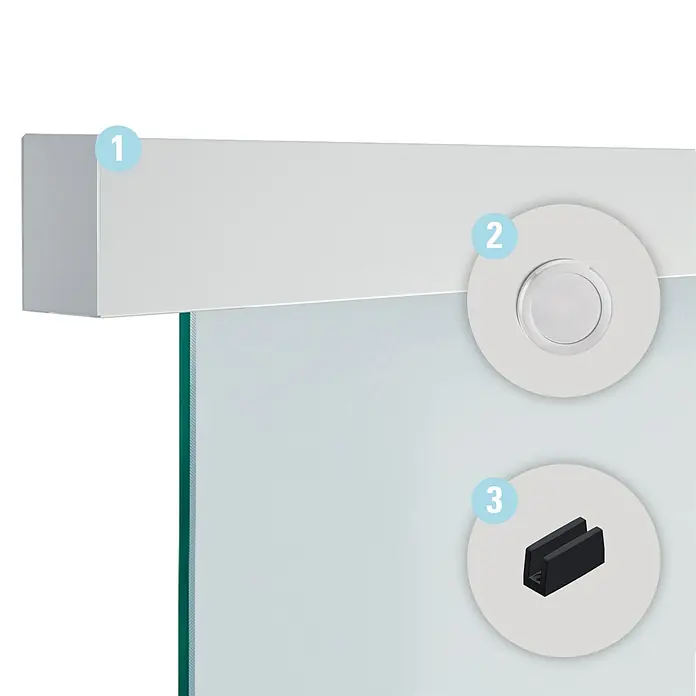 Diamond Doors Schiebetürbeschlag Linea 40 - Aluminium, Art Beschlag: Geschlossen, 1.900 mm, Passend für: Diamond Doors Glasschiebetüren - Nahaufnahme einer Duschabtrennung mit Halterung, Knopf und Profil in Weiß und Schwarz.
