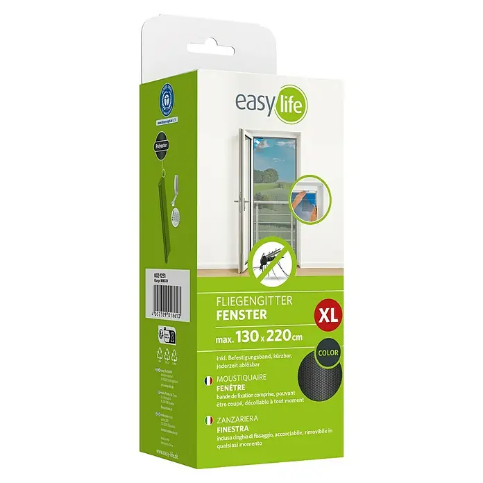 Easy Life Insektenschutzfenster XL - B x H: 130 x 220 cm, Farbe Netz: Anthrazit, Montage Insektengitter: Ankletten - Verpackung für ein XL-Fliegengitter für Fenster, max. 130 x 220 cm, mit Befestigungsband und in verschiedenen Farben erhältlich.