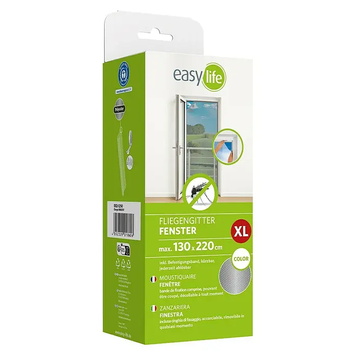 Easy Life Insektenschutzfenster XL - B x H: 130 x 220 cm, Farbe Netz: Weiß, Montage Insektengitter: Ankletten - Produktverpackung eines XL-Fliegengitters für Fenster von Easy Life, max. 130 x 220 cm, mit Befestigungsband.