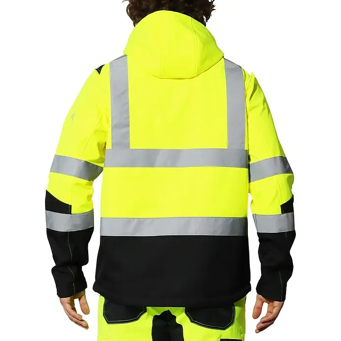 Industrial Starter Chaqueta de trabajo Lavoris Hivi - M, Amarillo/Azul - Vista posterior de una chaqueta de alta visibilidad amarilla y negra con rayas reflectantes. Ofrece protección y visibilidad en entornos de riesgo.