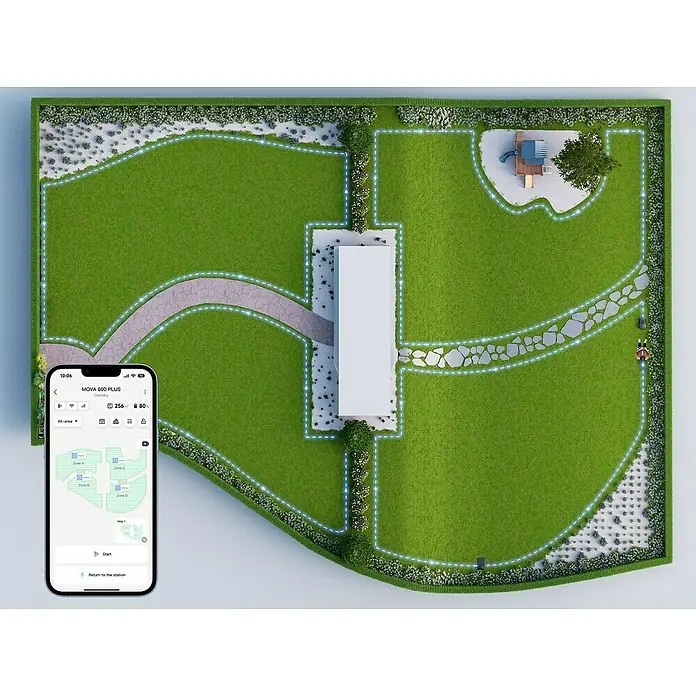 Mova Mähroboter 600 Plus - 600 m², Schnittbreite: 20 cm, Laser-gestützte Navigation, LiDAR - Draufsicht auf einen Rasen mit einem Mähroboter, der durch eine App gesteuert wird, die auf einem Smartphone angezeigt wird.