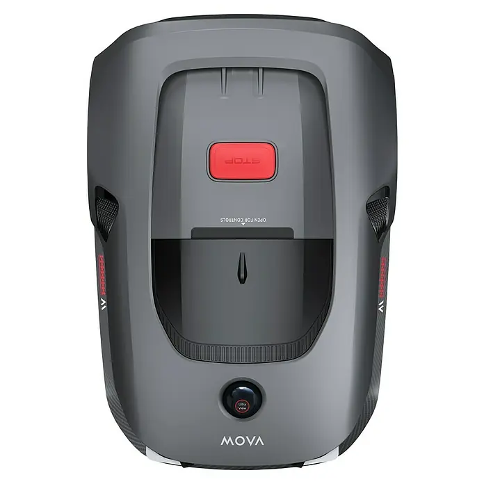 Mova Mähroboter 600 Plus - 600 m², Schnittbreite: 20 cm, Laser-gestützte Navigation, LiDAR - Draufsicht des MOVA-Robotermähers mit roter Stopptaste und Ultra View-Knopf.