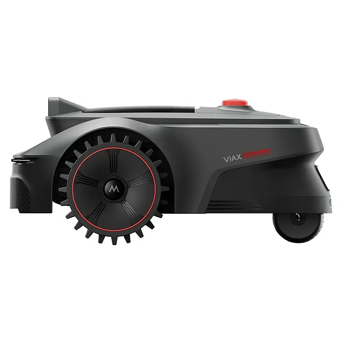 Mova Mähroboter Viax 300 - 300 m², Schnittbreite: 20 cm, Kamera-gestützte Navigation - Abbildung eines modernen Mähroboters in Grau und Schwarz mit roten Akzenten, der sich durch sein innovatives Design auszeichnet.