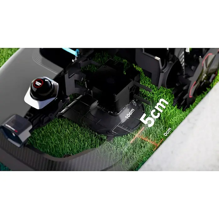 Mova Mähroboter Lidax Ultra 1000 - 1.000 m², Schnittbreite: 20 cm, Kamera-gestützte Navigation, LiDAR - Nahaufnahme eines Robotermähers auf Gras, der die Präzision und Technologie hervorhebt.