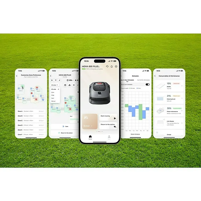 Mova Mähroboter 600 Plus - 600 m², Schnittbreite: 20 cm, Laser-gestützte Navigation, LiDAR - Eine Smartphone-App zur Steuerung eines MOVA 600 PLUS Robotermähers, die Zonenanpassung, Zeitpläne und Wartungsoptionen bietet.