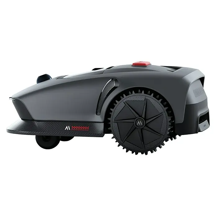 Mova Mähroboter 600 Plus - 600 m², Schnittbreite: 20 cm, Laser-gestützte Navigation, LiDAR - Nahaufnahme eines Mähroboters mit stilvollem Design und innovativen Rädern für präzises Mähen.