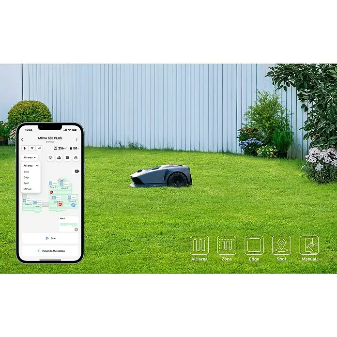 Mova Mähroboter 600 Plus - 600 m², Schnittbreite: 20 cm, Laser-gestützte Navigation, LiDAR - Ein MOVA 600 PLUS Rasenroboter in Aktion, gesteuert per Smartphone-App, für mühelose Rasenpflege.