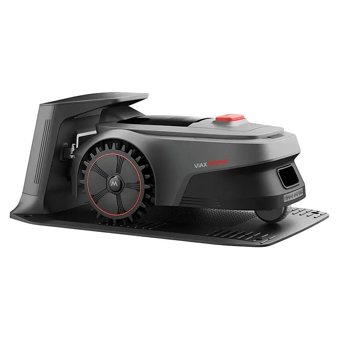 Mova Mähroboter Viax 300 - 300 m², Schnittbreite: 20 cm, Kamera-gestützte Navigation - Der ViAX Roboter-Rasenmäher mit seinem markanten Raddesign steht bereit für den Einsatz im Garten.