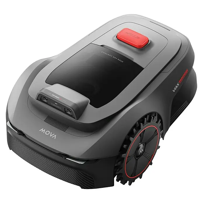 Mova Mähroboter Viax 300 - 300 m², Schnittbreite: 20 cm, Kamera-gestützte Navigation - Ein hochmoderner Mova-Mähroboter in Grau mit roten Akzenten, der fortschrittliche Technologie und modernes Design vereint.