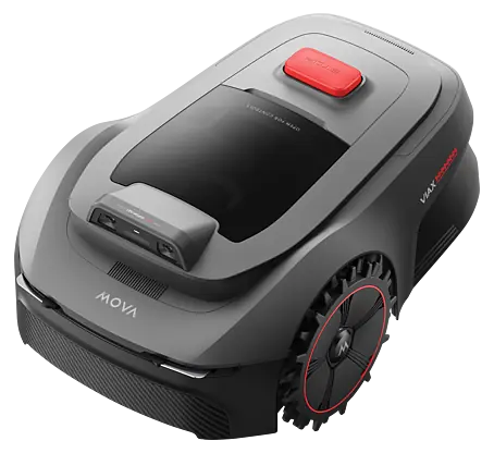 Das Bild zeigt einen Mova Viax Rasenmähroboter in Nahaufnahme, der durch sein modernes Design und die markanten Räder auffällt.