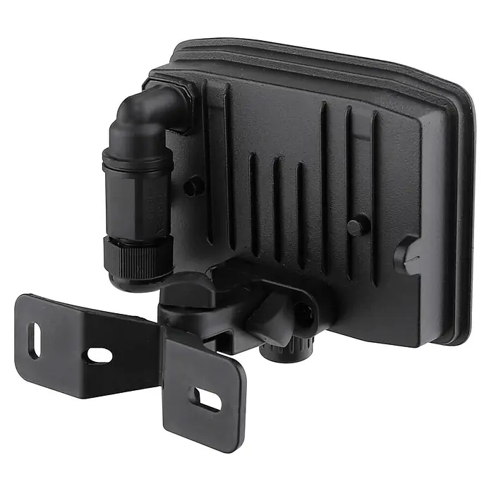 E2 elektro LED-Strahler Pro - 20 W, 2.200 lm, 6.000 K, IP65 - Nahaufnahme einer schwarzen Außenleuchte mit verstellbarer Halterung und Kabelverschraubung.