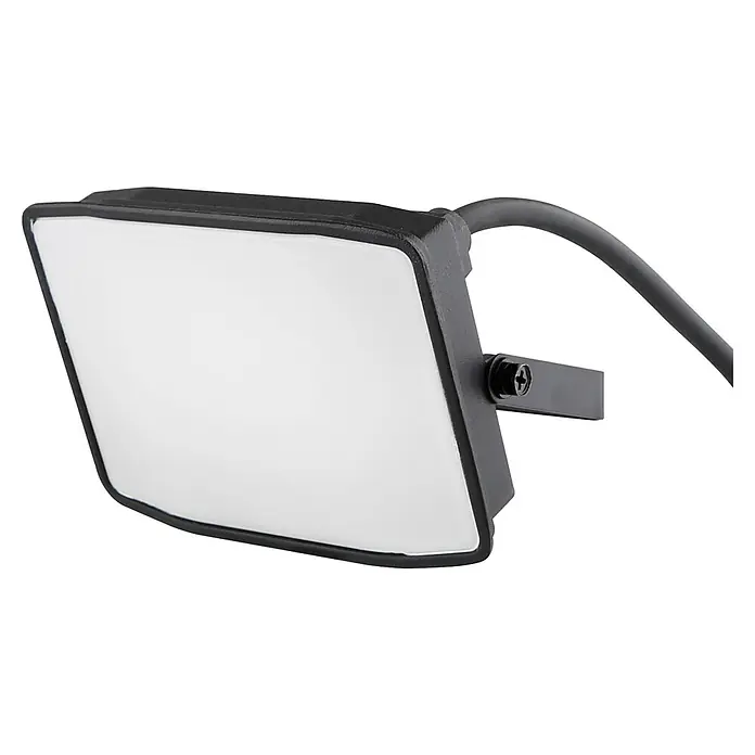 E2 elektro LED-Strahler - 20 W, 2.200 lm, 6.000 K, L x B x H: 12,7 x 3,2 x 10,8 cm, IP65 - Nahaufnahme eines quadratischen LED-Flutlichts mit schwarzem Rahmen und Kabel, ideal für Außenbereiche.