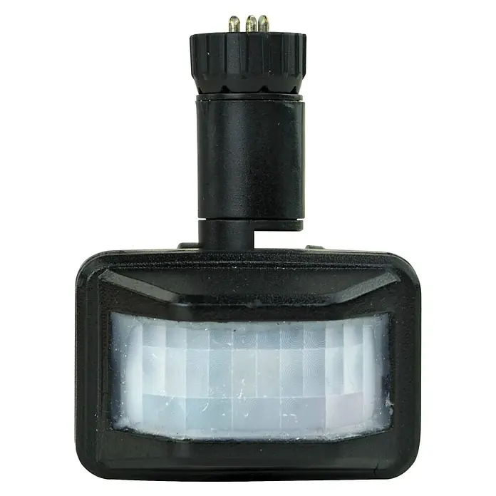 E2 elektro Bewegungsmelder Pro - Reichweite Sensor: 10 m, Erfassungswinkel Sensor: 120 °, L x B x H: 58 x 43 x 59 mm - Nahaufnahme eines schwarzen Bewegungsmelders mit einem Gitterfenster und einem zylindrischen Aufsatz mit Metallstiften.