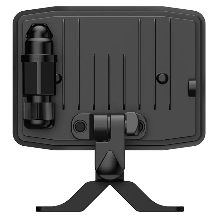 E2 elektro LED-Strahler Pro - 20 W, 2.200 lm, 6.000 K, IP65 - Schwarz-weißes Bild einer LED-Leuchte mit Standfuß und Kühlrippen zur Wärmeableitung. Das Leuchtmittel ist für eine optimale Leistung verbaut.