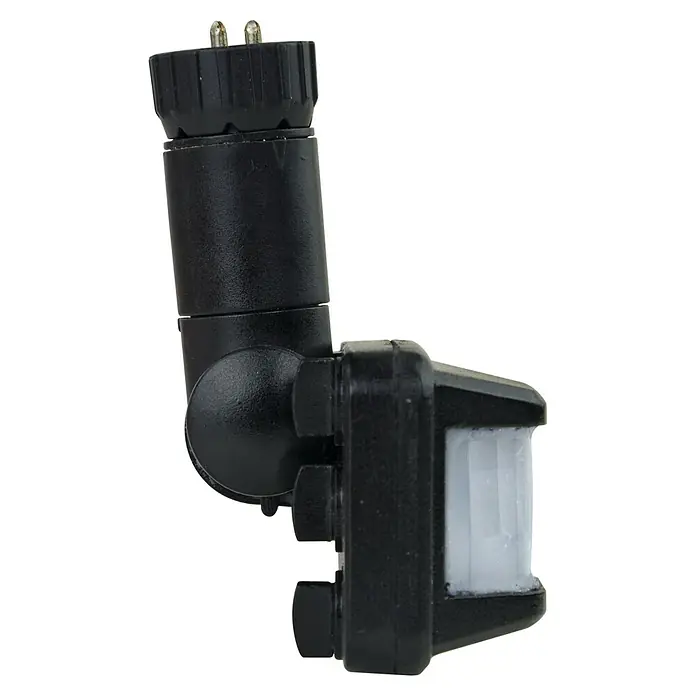 E2 elektro Bewegungsmelder Pro - Reichweite Sensor: 10 m, Erfassungswinkel Sensor: 120 °, L x B x H: 58 x 43 x 59 mm - Nahaufnahme eines schwarzen Bewegungsmelders für den Außenbereich mit Verbindungselementen.