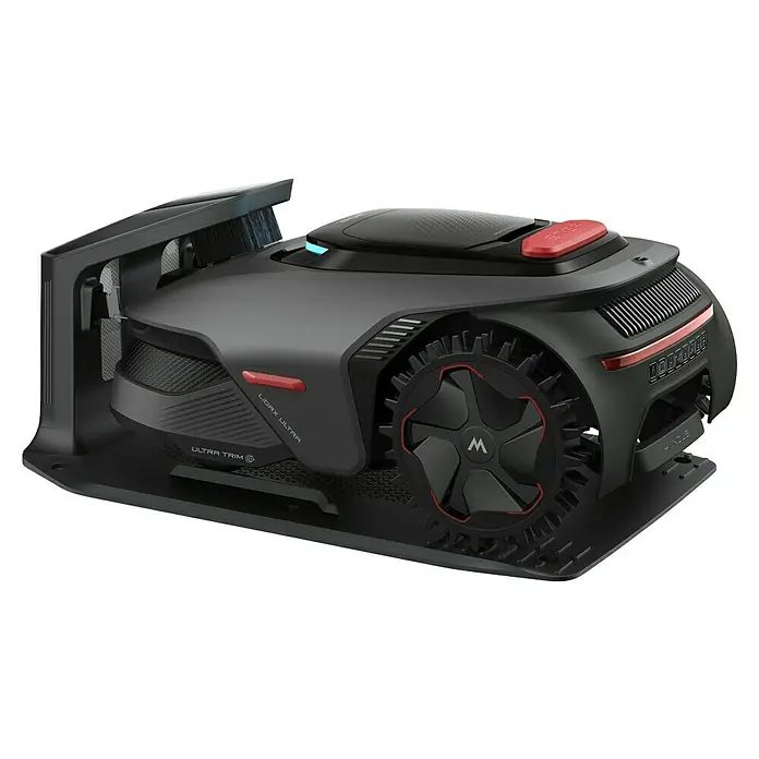 Mova Robot cortacésped LiDAX Ultra 1000 - 1.000 m², Ancho de corte: 20 cm, Navegación por cámara, LiDAR - Imagen de un cortacésped robótico avanzado con un diseño de acento negro y rojo, sentado en una estación de carga.