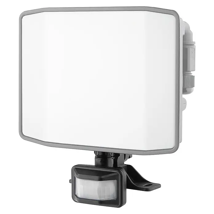 E2 elektro Bewegungsmelder Pro - Reichweite Sensor: 10 m, Erfassungswinkel Sensor: 120 °, L x B x H: 58 x 43 x 59 mm - Nahaufnahme einer LED-Außenleuchte mit Bewegungssensor, ideal für die Sicherheitsbeleuchtung von Gehwegen oder Einfahrten.