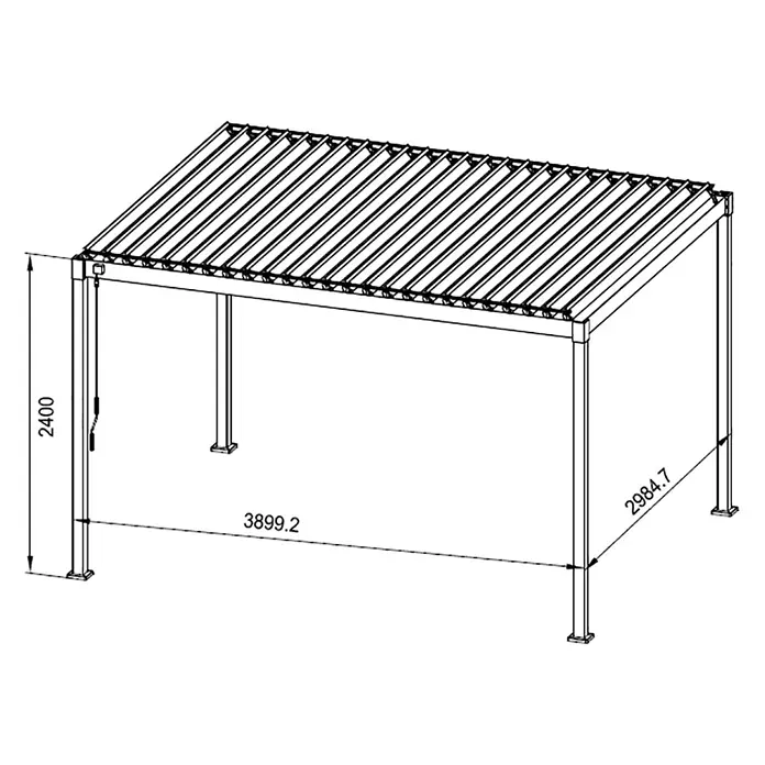 Mirador Pergola Solid 80 - B x T: 400 x 300 cm, Anthrazit, Material Gestell: Stahl - Schemazeichnung eines Pavillons mit Maßangaben, die die Höhe und die Länge der Struktur zeigen. Klare Darstellung der Konstruktionsdetails.