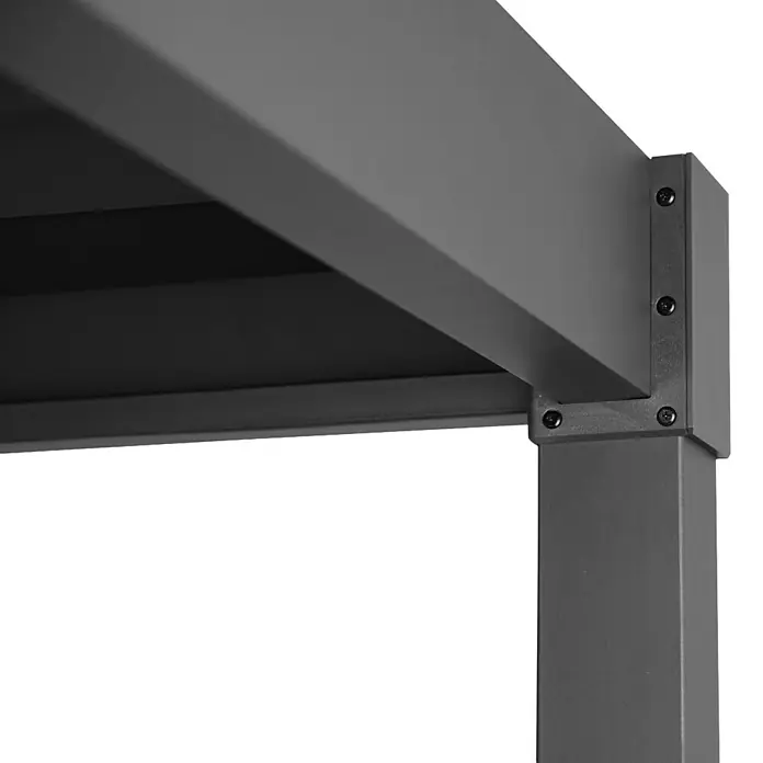 Mirador Pergola Solid 80 - B x T: 400 x 300 cm, Anthrazit, Material Gestell: Stahl - Detailansicht einer grauen Terrassenüberdachung, die eine robuste Bauweise und sichere Verschraubung zeigt. Ideal für den Außenbereich.