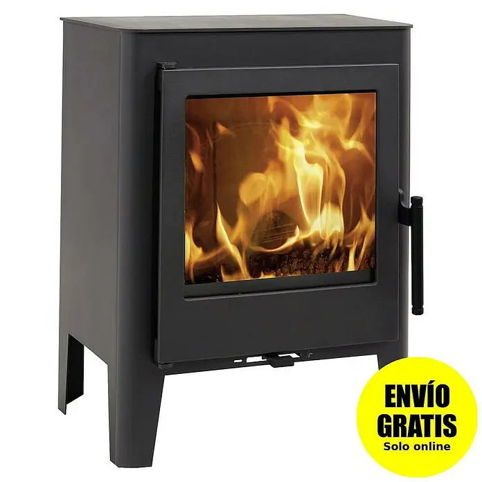 Panadero Estufa de leña Majster - 5,9 kW, Volumen de calefacción: 180 m³ - Estufa de leña negra con frente de cristal, mostrando un fuego ardiente, perfecta para calor acogedor y un ambiente elegante.